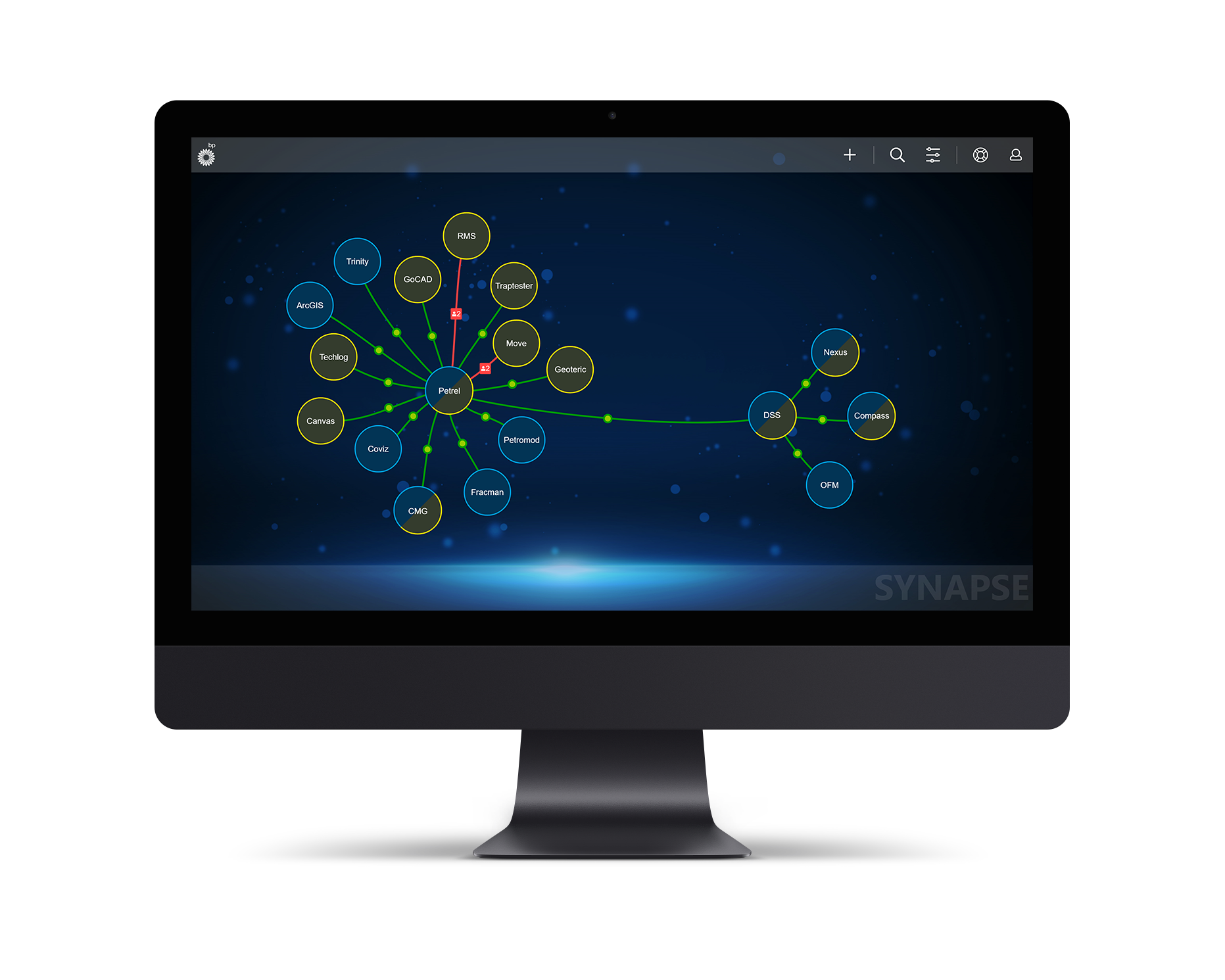 A computer monitor displaying a network diagram with nodes and connections, with the logo "SYNAPSE" at the bottom right corner.