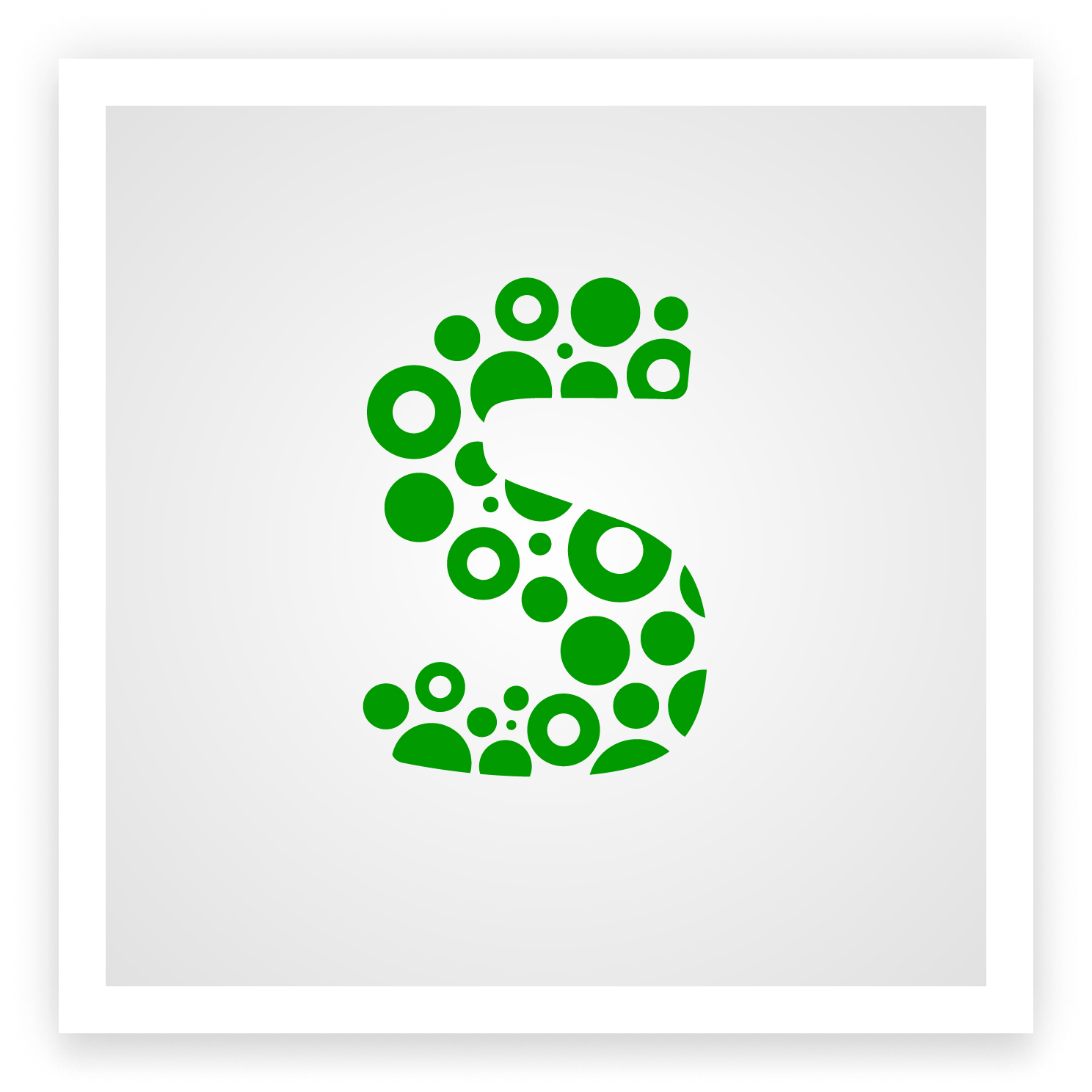 A stylized letter 'G' composed of green circles of various sizes on a white background.
