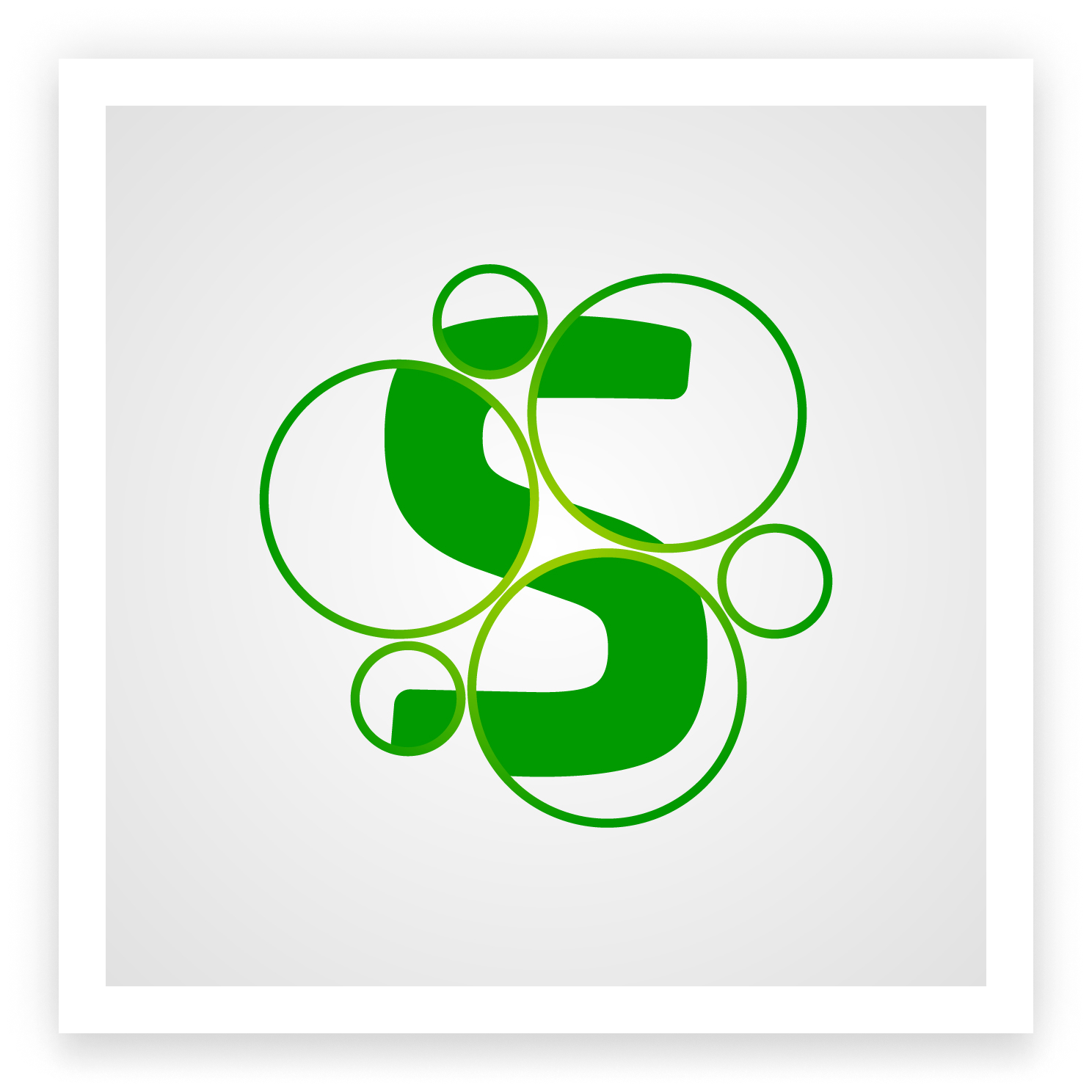 Abstract digital artwork with green and dark green curved shapes enclosed in circular outlines on a gray background.