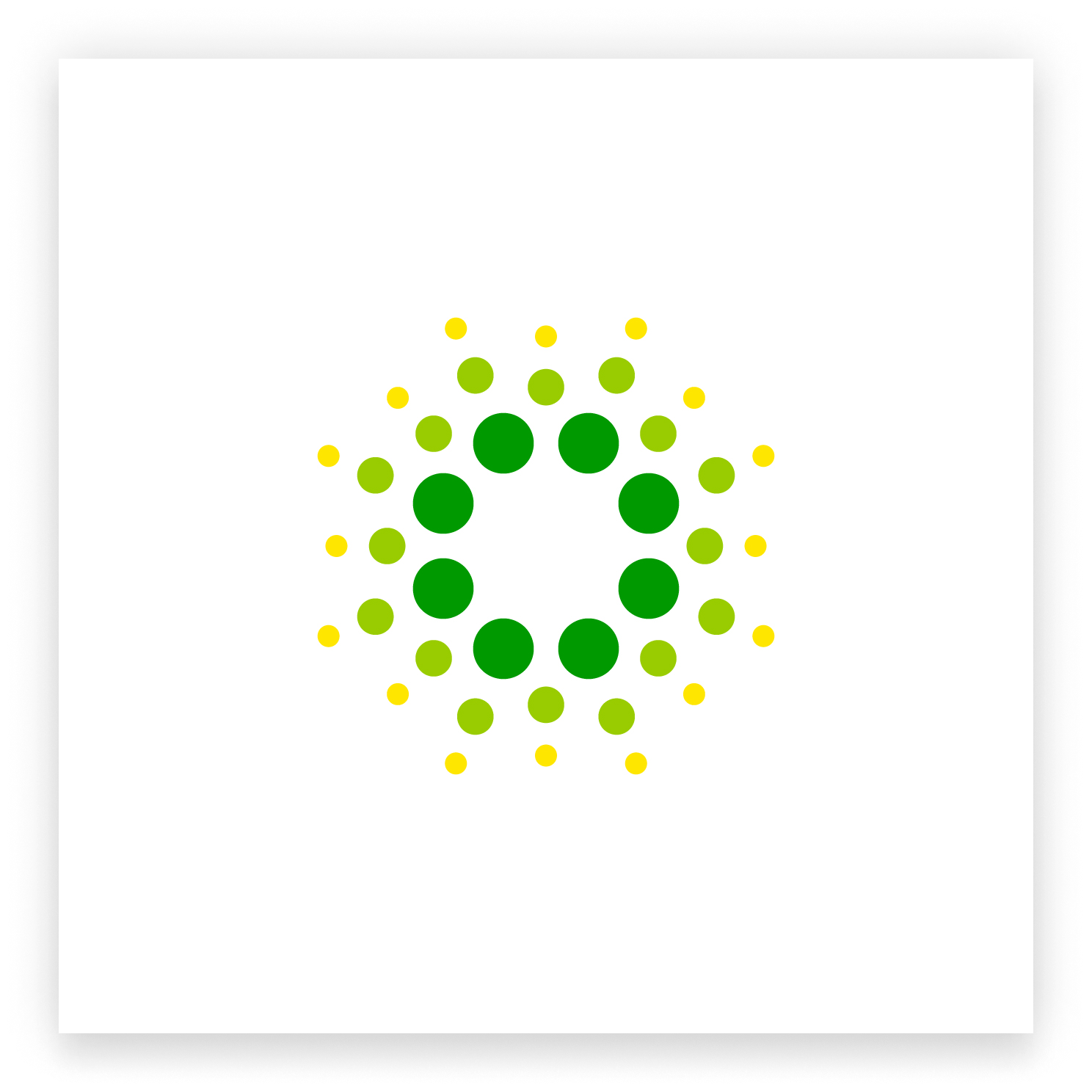 A circular pattern made of green and yellow dots arranged symmetrically on a white background.