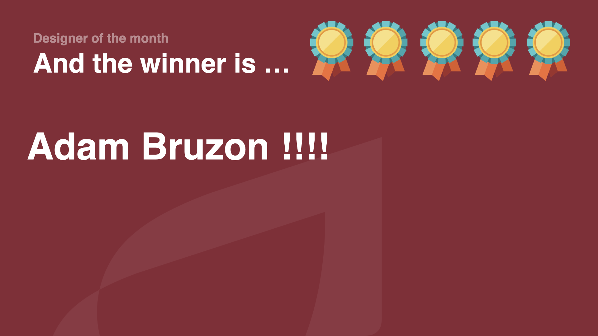 A graphic announcing Adam Bruzon as the winner of the designer of the month, with five medal icons displayed.