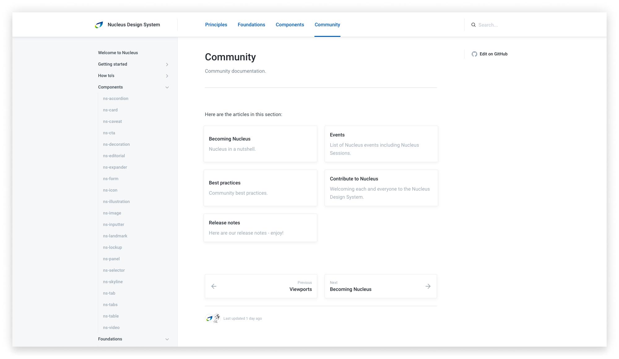 Screenshot of the 'Community' section from the Nucleus Design System documentation website. The page includes links to articles about community principles, events, best practices, release notes, and at the top, the website's navigation menu with links to Principles, Foundations, Components, and Community.