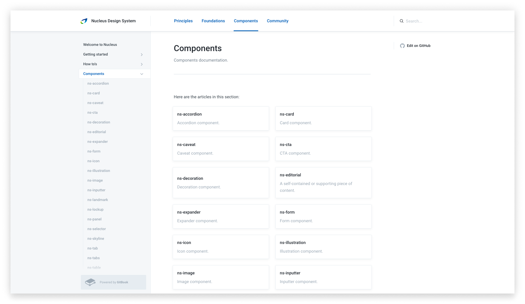 Screenshot of the 'Components' section from the Nucleus Design System documentation webpage, displaying a list of component titles and descriptions, with a navigation menu on the left and a search bar at the top right.