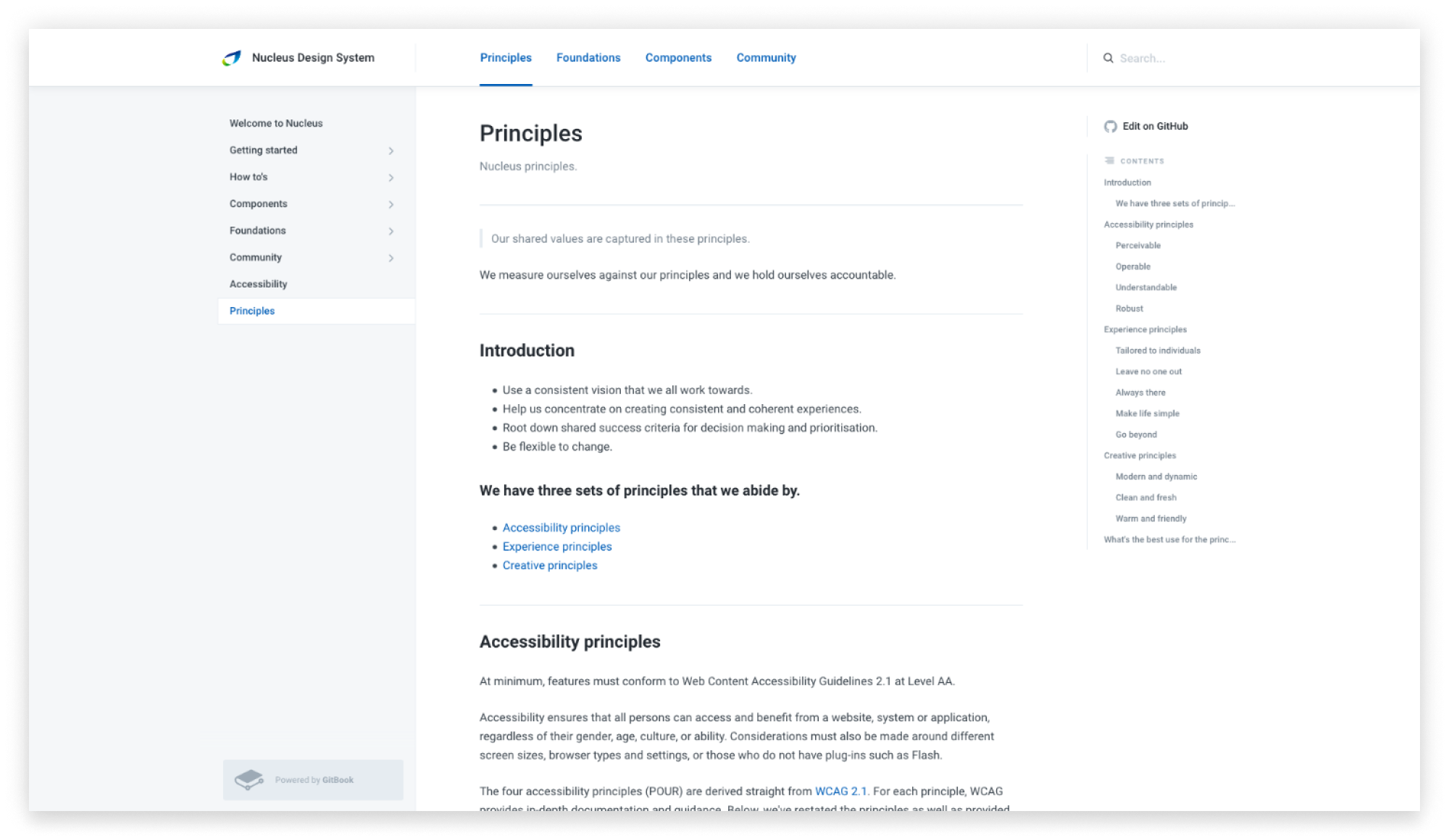 Screenshot of a webpage titled 'Principles' from the Nucleus Design System documentation. The page discusses core principles, including accessibility, experiences, and creativity, with navigation links on the left and a search bar on the top right.