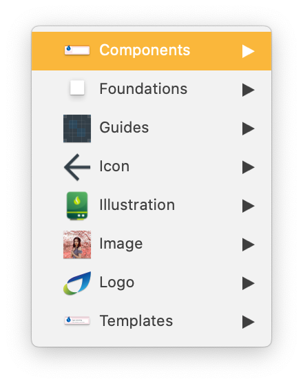 Side menu with yellow header labeled 'Components' and options including Foundations, Guides, Icon, Illustration, Image, Logo, and Templates, with various icons next to each menu item.