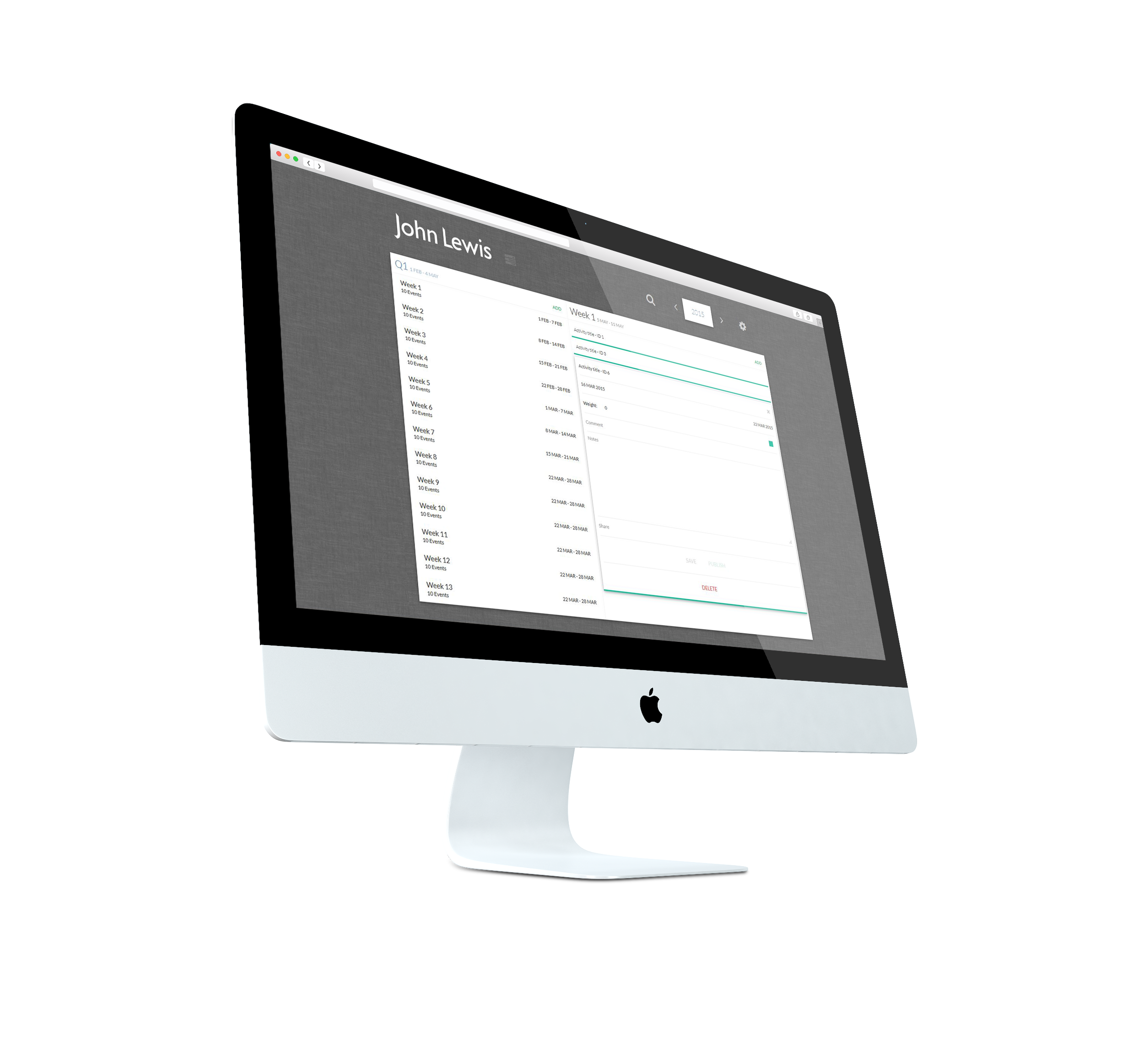 An Apple iMac computer displaying a digital calendar with weekly events, text, and interface elements.