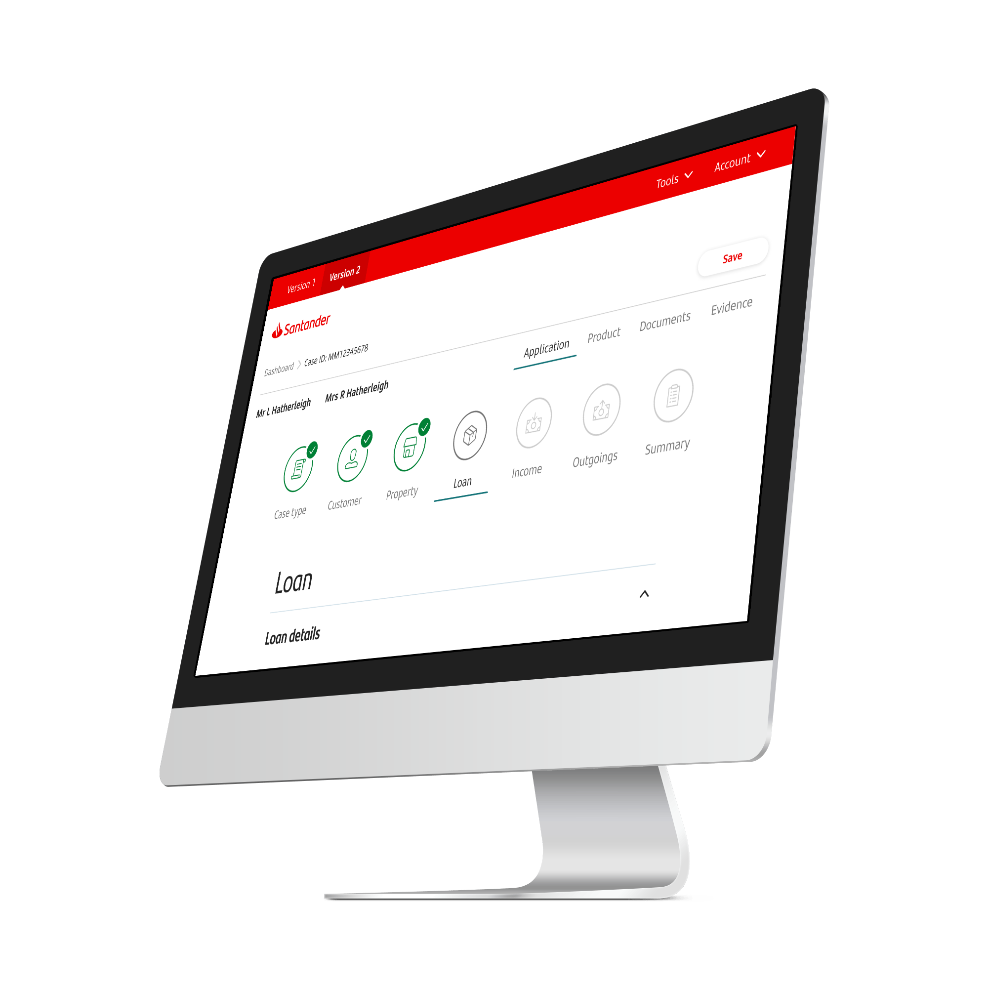 A computer monitor displaying a financial application for Santander bank, showing case details and various icons for financial management.