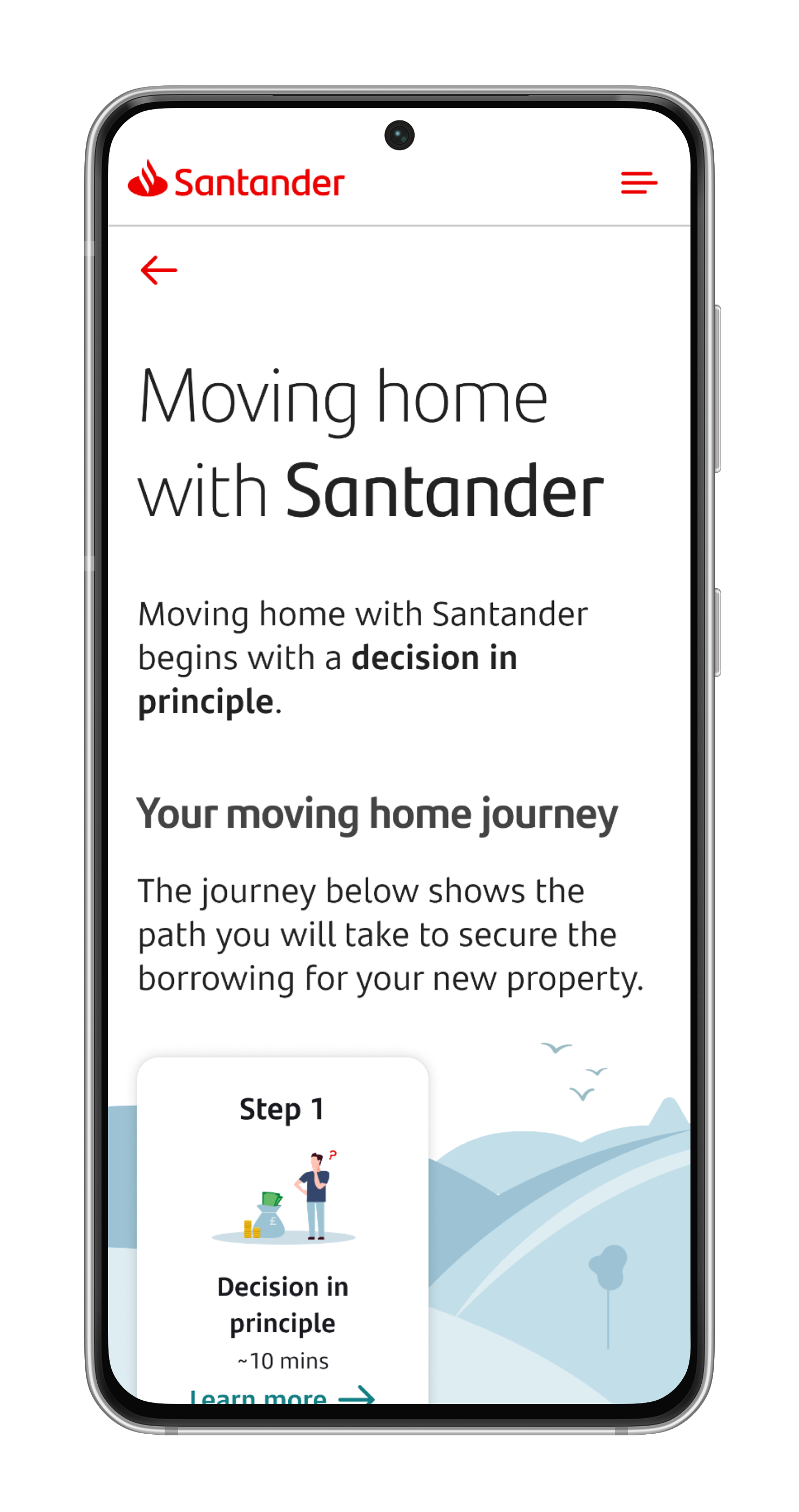 Mobile phone displaying a webpage about moving home with Santander, featuring an introduction, decision-making principles, and a step-by-step guide for the moving process.
