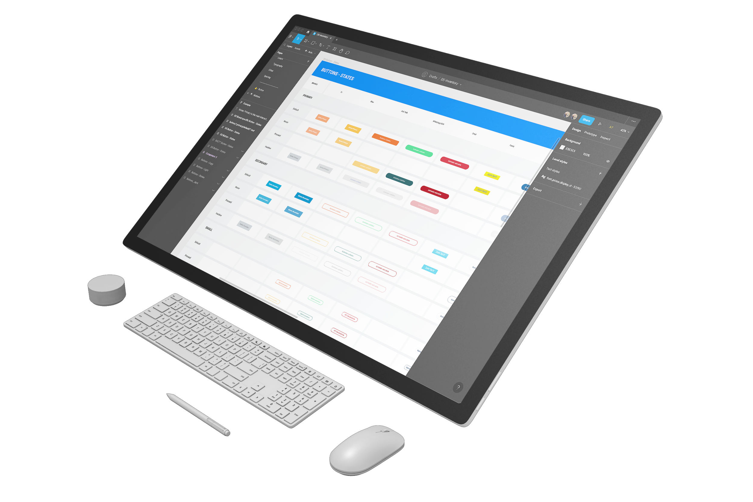 An Apple iMac computer with a keyboard, mouse, and stylus pen on a black background. The screen displays a design interface with buttons and color options.